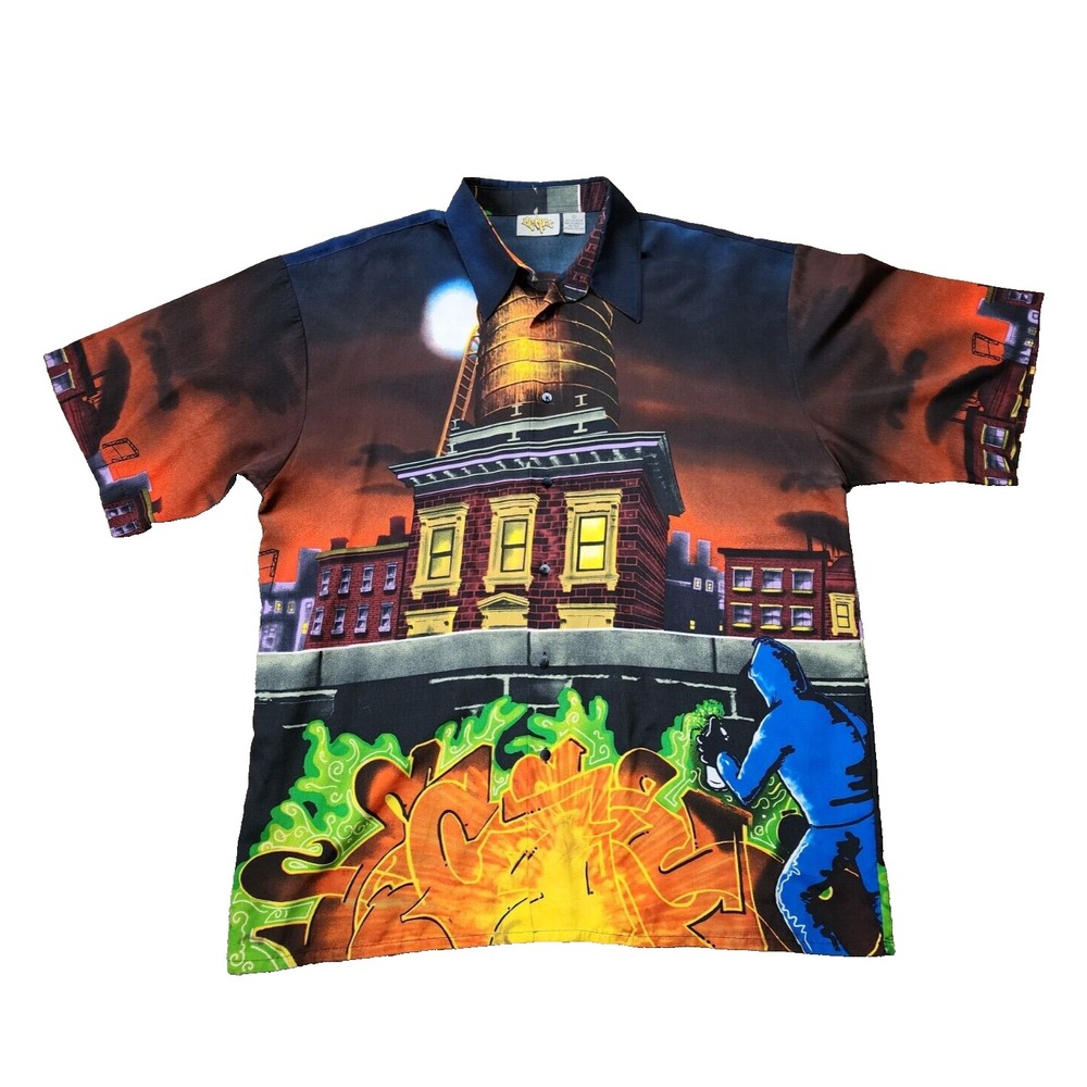 Vintage Up Ro's Button Down Shirt‎ Mens XL Graffiti Hip Hop Urban City Skyline